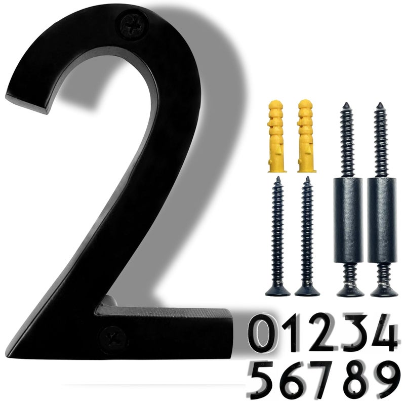 NACH Floating House Numbers, 4 inch Aluminum Black House Numbers for Outside - Number 2, Door Numbers with Mounting Hardware - Image 1